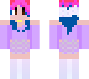 purple girl outfit, with pink to blue hair , purple clothes and brown eyes