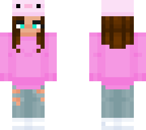 axolotl hat girl with short brown hair, ripped jeans and blue eyes