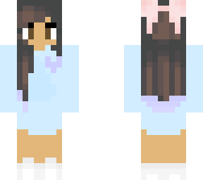 blue baggy sweater w/dark brown hair & bow
