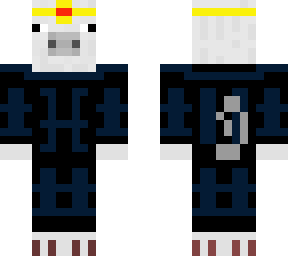 albino pig in black and blue clothing