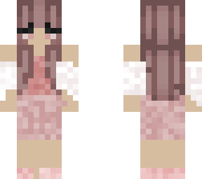 brown hair girl with pink eyes and lace sleeves with a pink dress