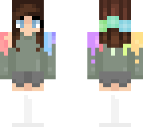 brunette girl in rainbow covered sweater