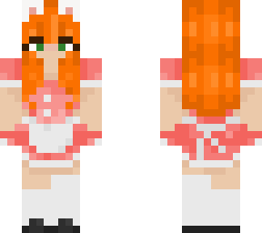 red haired girl in a pink maid dress with cat ears
