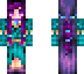 cyan witch with purple hair and cloak