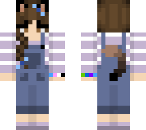 cat, brown hair, overalls, purple stripy t-shirt