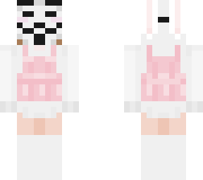 brown haired e-girl with pink themed bunny onesie and anonymous mask