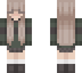 green + gray sweater with skirt (light brown hair)