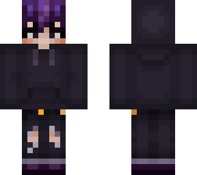 purple hair with dark grey hoodie and ripped jeans and matching shoes