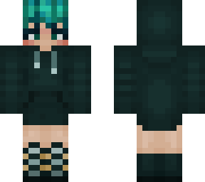 cyan hair with dark teal hoodie and tall boots