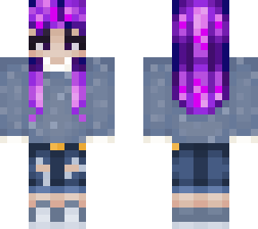 purple hair with bobbly blue-grey sweater and ripped jeans