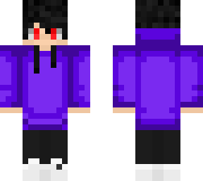 black hair red eyes purple sweater