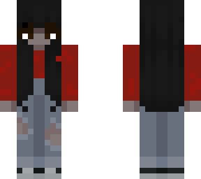 black hair girl with long hair a with red long sleeved shirt and ripped jeans