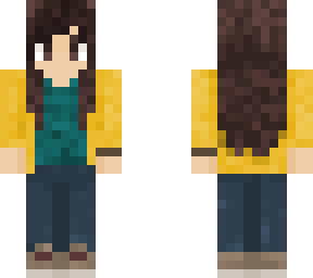 yellow cardigan and long dark hair