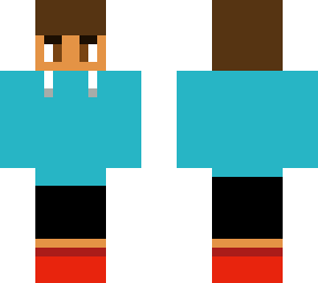 brown hair boy with blue hoodie black shorts and red shoes.