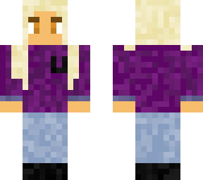 blonde girl with purple sweater/w pocket. and bracelets
