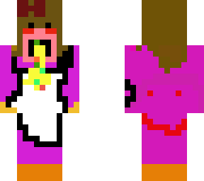 demon barfs on fancy apron in purple dress with orange shoos and gloves