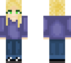 blonde with blue sweater, pants and hair tied to a bun.