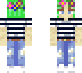 short green hair with striped shirt and jeans