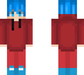 blue hair boy with red hoodie