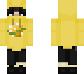 person in yellow frog hoodie with planet