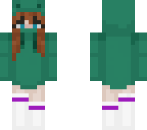 female brunette with frog hoodie
