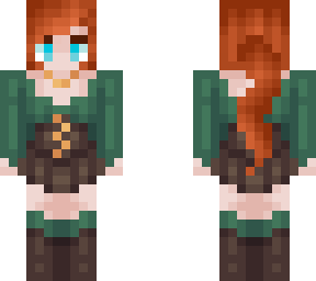 red hair ponytail and green elf dress outfit