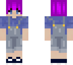 purple hair and overalls
