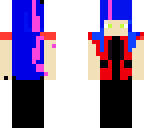 girl moth black dress red coat with pink and blue hair
