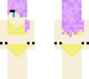 purple haired girl in a yellow swim suit