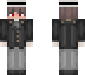 muzan outfit brown hair with fedora reder eyes