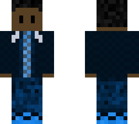 male in dark blue jacket blue jeans and blue shoes.