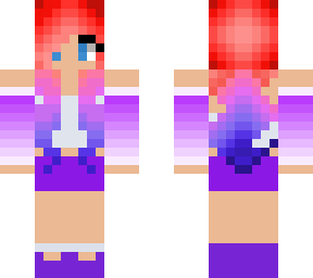 red and blue hair ombre girl in white crop with purple skirt and headphones