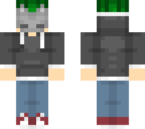 cat mask gray hoodie, green hair, and blue jeans. look in description