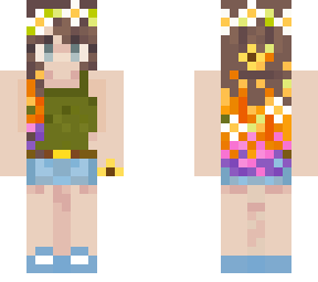 brunette girl in green shirt with flowers
