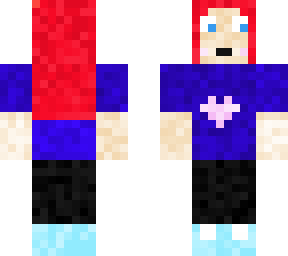 girl with red hair, blue t-shirt and black pants with white stripes