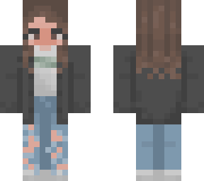 short brown haired girl with black jacket and ripped jeans