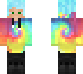 boy with blue hairs and rainbow pullover