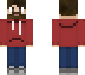 red shirt with brown hair grey shoes beard