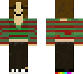 red and green striped shirt, black pants, pride shirt