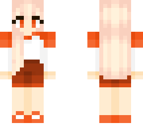 girl with orange and white top and brown shorts