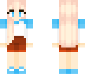 girl with white and blue top and brown shorts