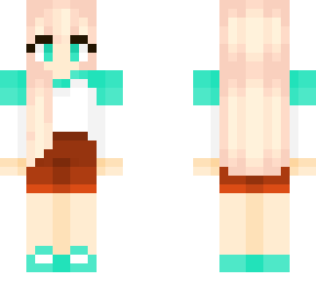 girl with white and sea green top and brown shorts