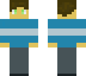 boy with blue (one white stripe) shirt  + grey pants (black shoes)
