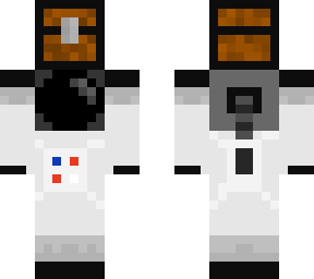 space suit holding a chest