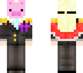 pig girl in suit with purple ribbon