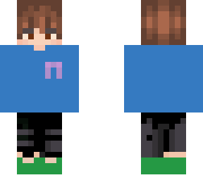 brown haired boy with blue sweater, headphones and ribbon