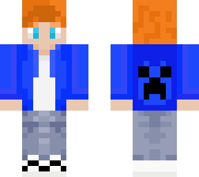 ginger, red haired, orange haired, boy in a blue hoodie with a creeper face back