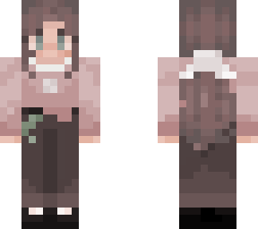 pink jumper, brown jeans