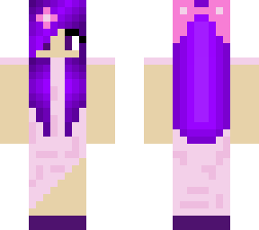 purple haired girl with pink dress