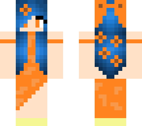 blue haired girl with orange dress